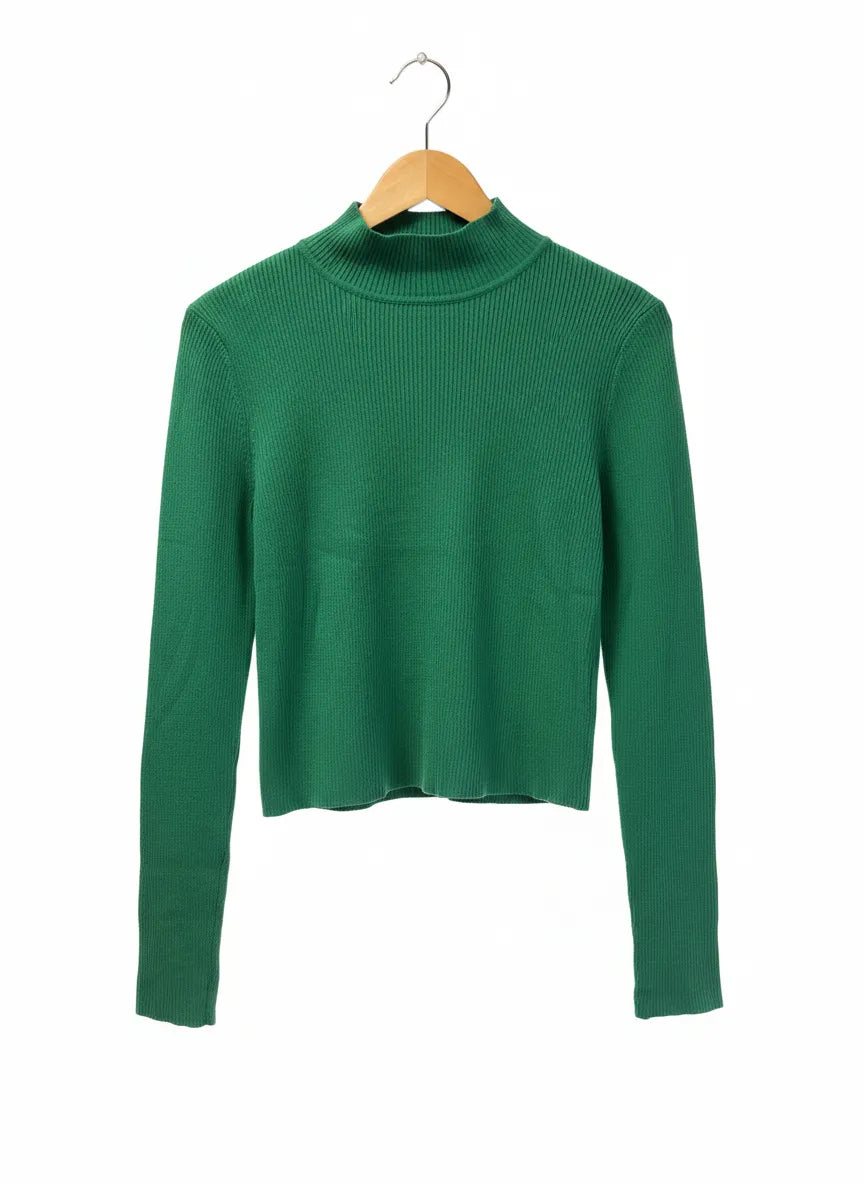 H&M ribbad grön polotröja med långa ärmar