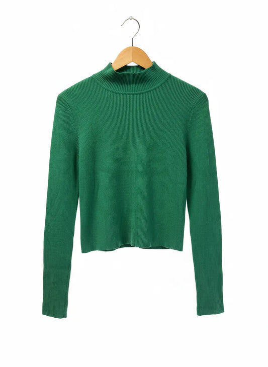 H&M ribbad grön polotröja med långa ärmar