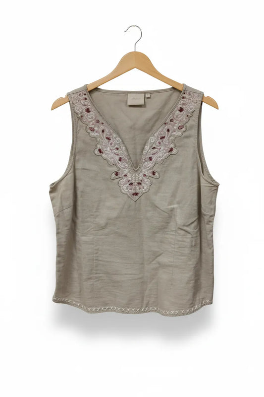 Fransa broderad beige ärmlös topp