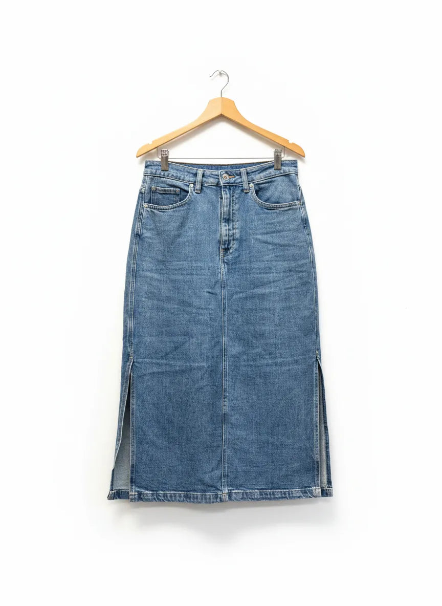H&M &DENIM mellanblå denimkjol med sidoöppningar