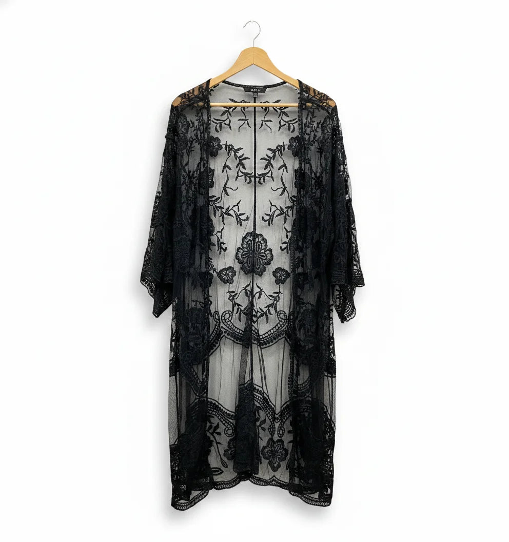 QED London Genomskinlig broderad kimono