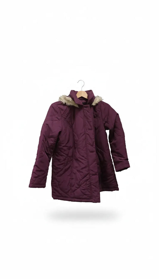 Vadderad vinröd huva jacka med pälsimitation kant