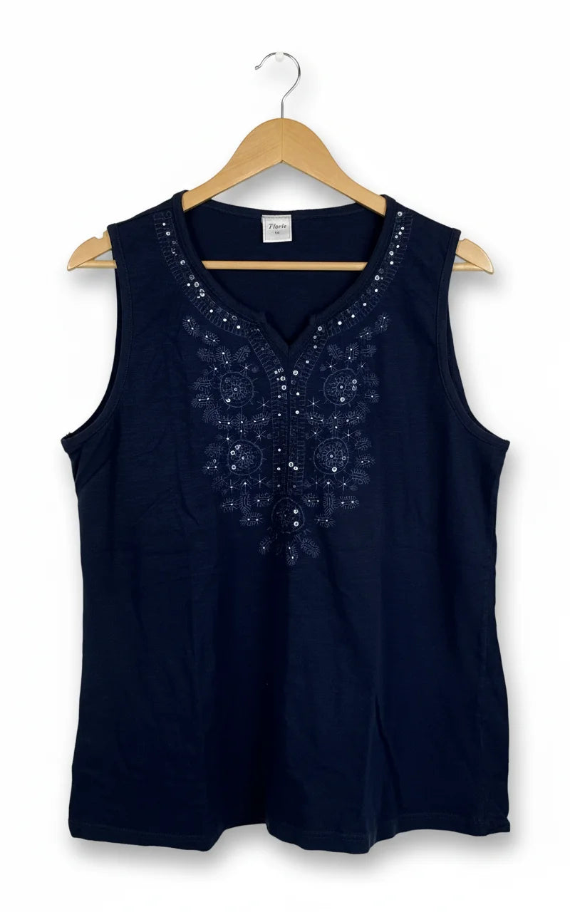 Florie broderad marinblå ärmlös topp